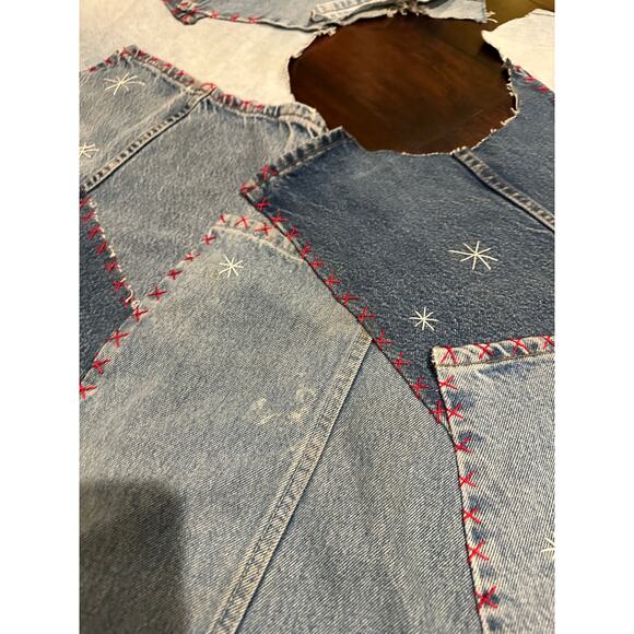 Recycled Denim Embroidered Hand Made Tree Skirt Jeans Blue Red Star Accents - Picture 9 of 10